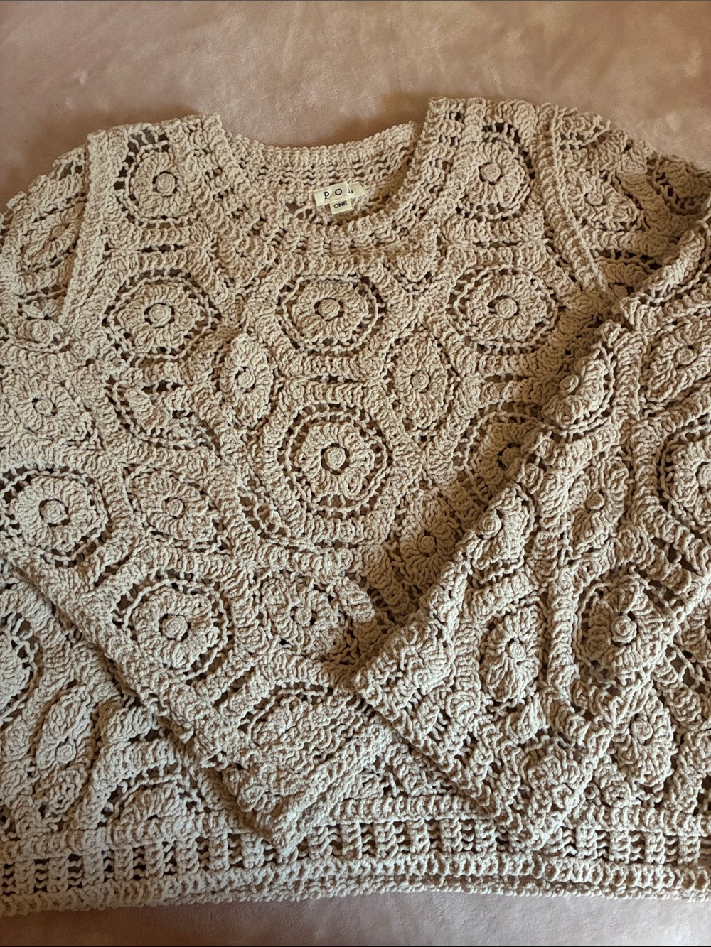 Pol Beige Crochet Sweater. One size. Should fit small, medium and large